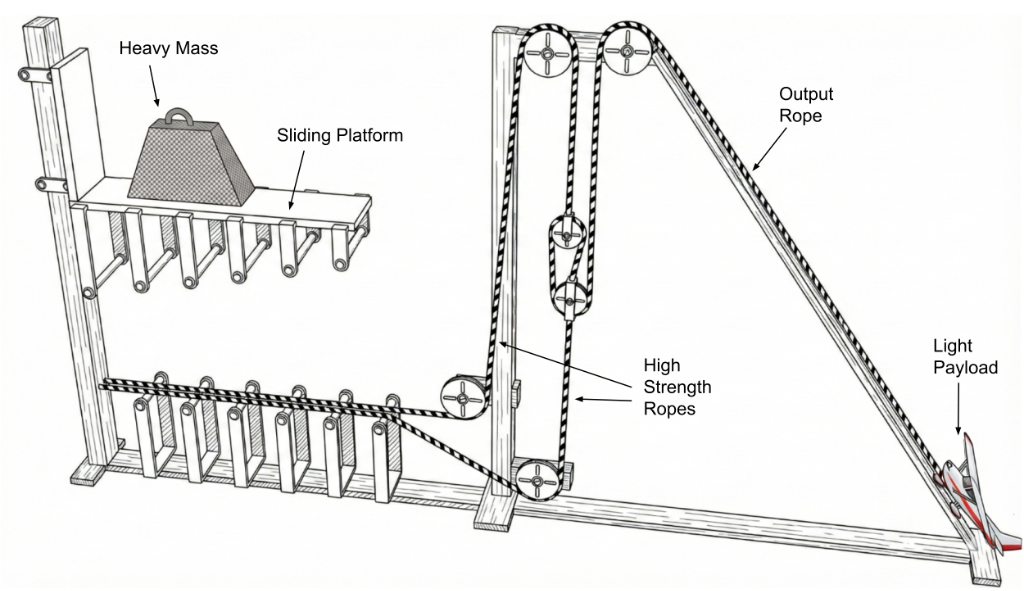 Single-array RopeComb launcher, annotated